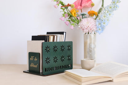 Personalized wooden book holder stand with To Be Read shelf and Now Reading book rest