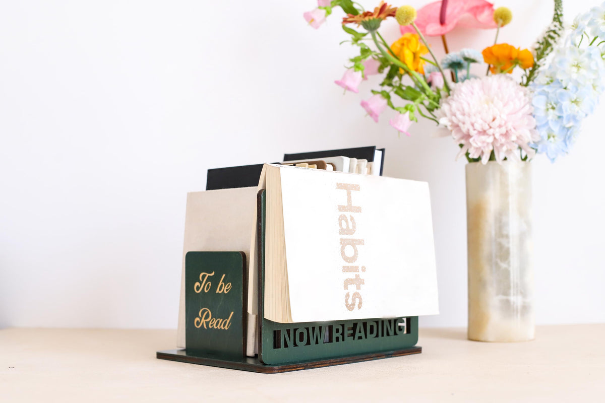Personalized wooden book holder stand with To Be Read shelf and Now Reading book rest