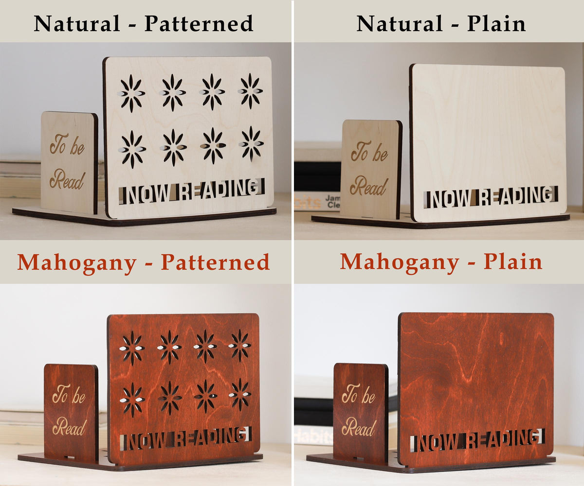 Personalized wooden book holder stand with To Be Read shelf and Now Reading book rest