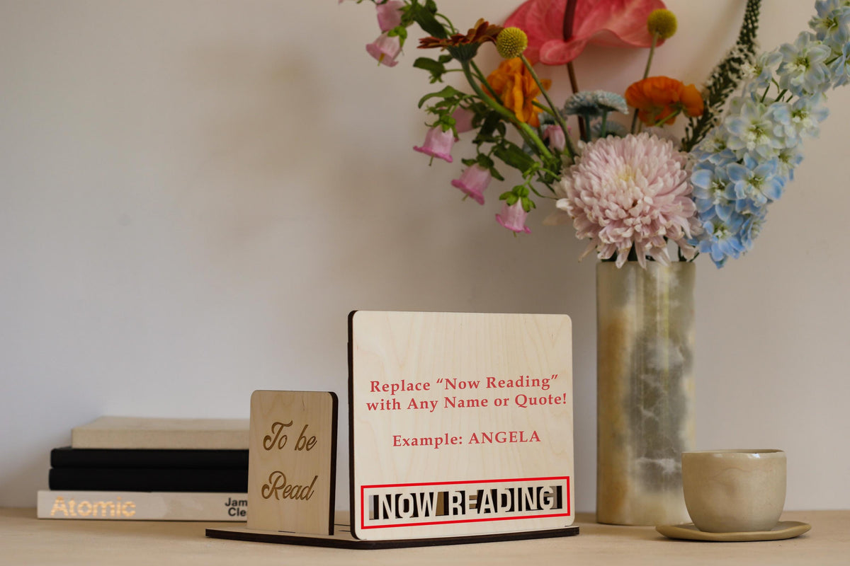 Personalized wooden book holder stand with To Be Read shelf and Now Reading book rest