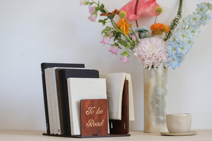 Personalized wooden book holder stand with To Be Read shelf and Now Reading book rest