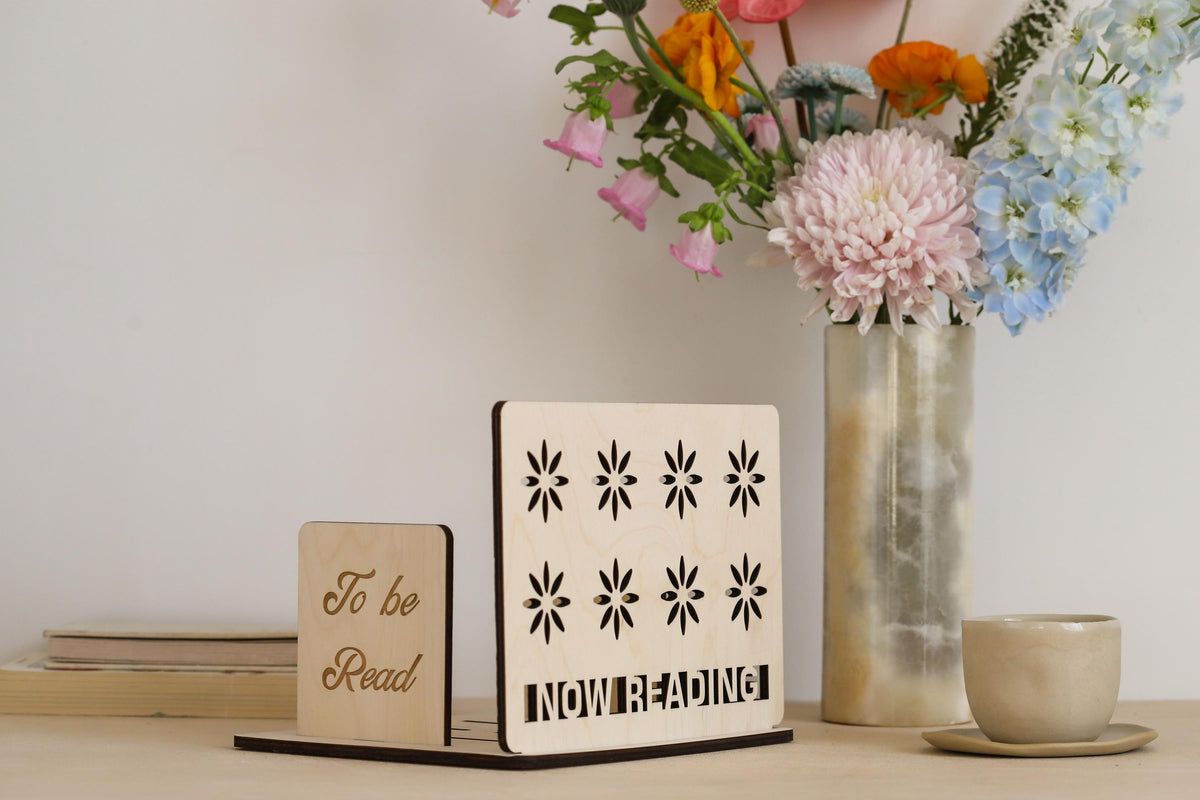 Personalized wooden book holder stand with To Be Read shelf and Now Reading book rest