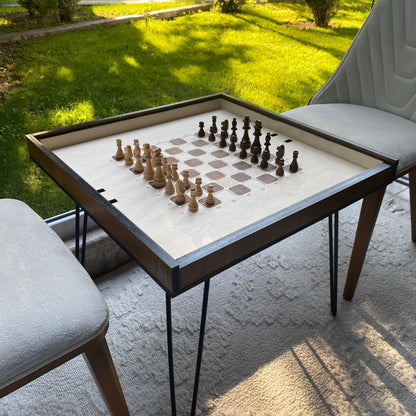 Table de jeu d'échecs avec plateau en verre amovible