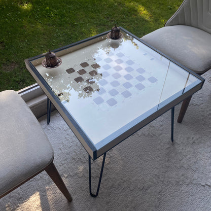 Table de jeu d'échecs avec plateau en verre amovible