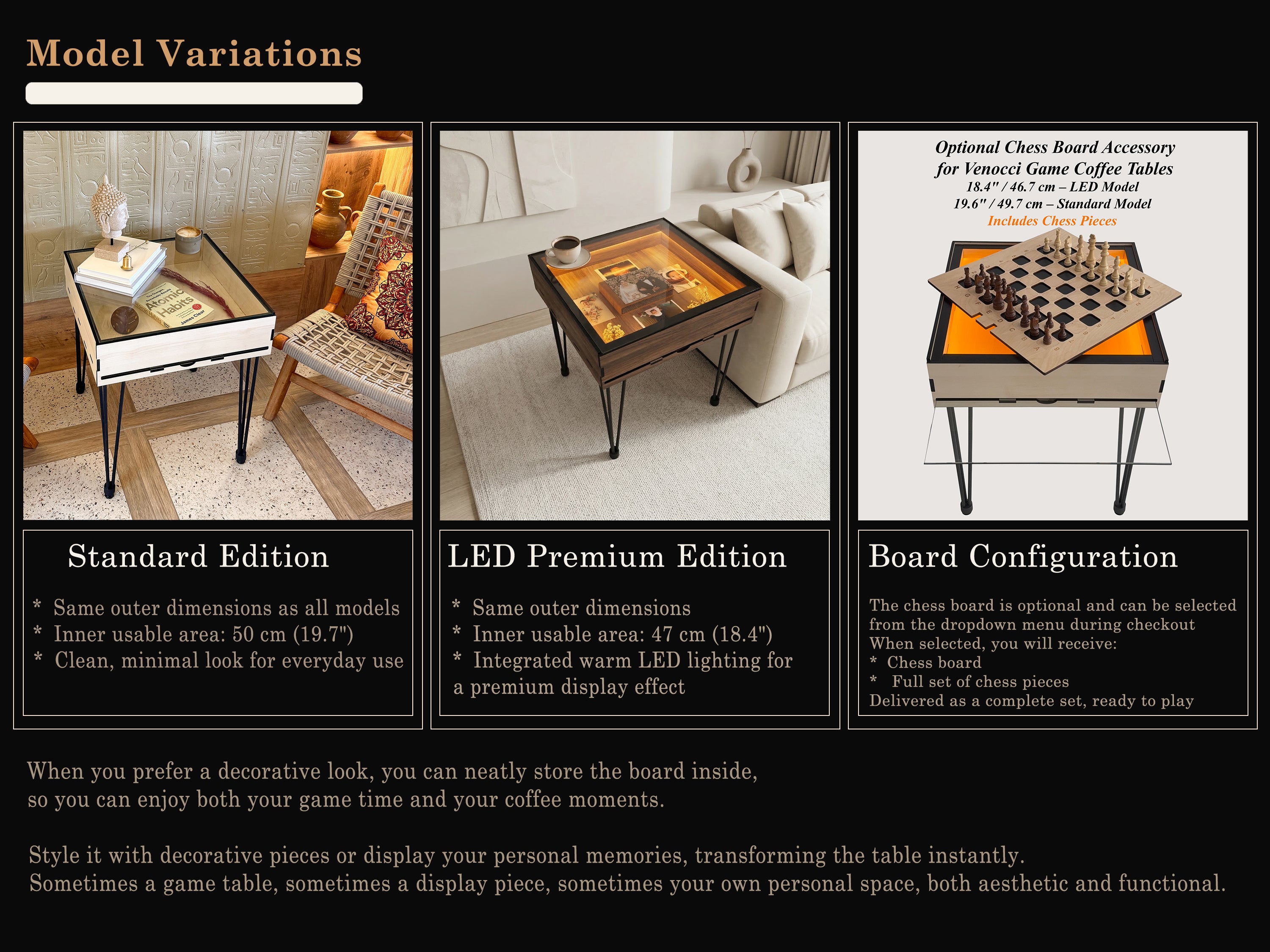 Multifunctional Accessory Display Coffee Table with Removable Glass Top and Hidden Storage Slot for Glass and Chess Board