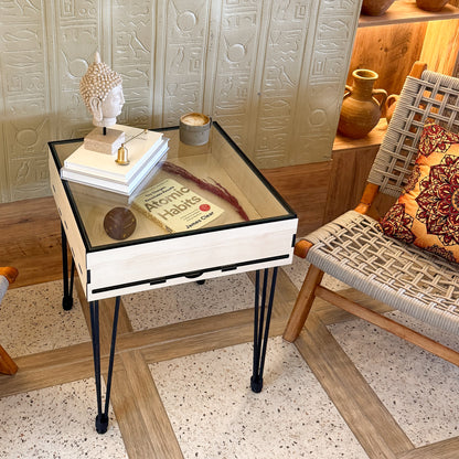 Multifunctional Accessory Display Coffee Table with Removable Glass Top and Hidden Storage Slot for Glass and Chess Board
