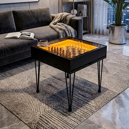 Multifunctional Accessory Display Coffee Table with Removable Glass Top and Hidden Storage Slot for Glass and Chess Board