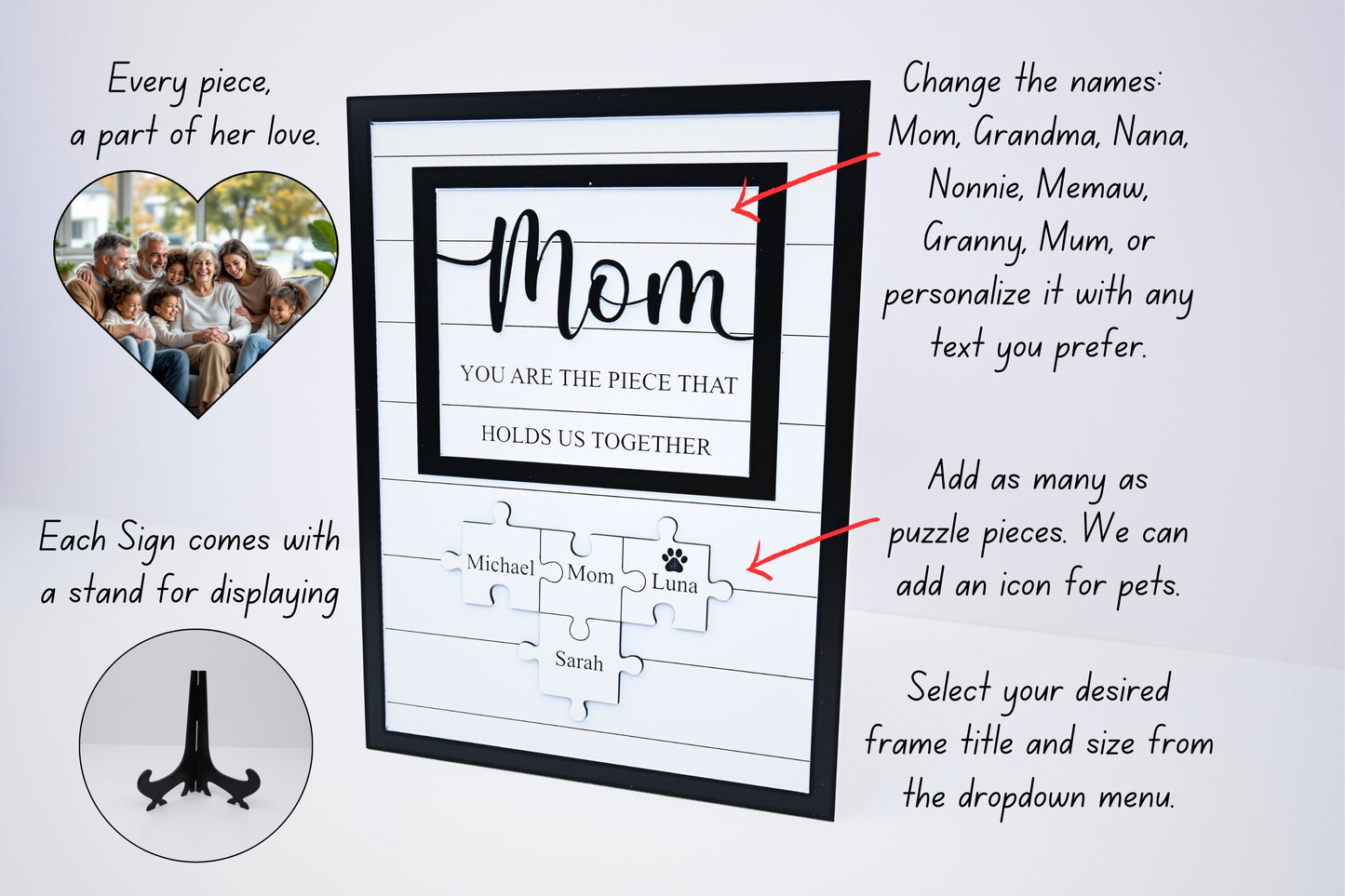 Personalized Puzzle Sign for Mom, Custom Family Name Sign, Mother's Day Gift from Kids, You Are the Piece That Holds Us, Grandma Gift