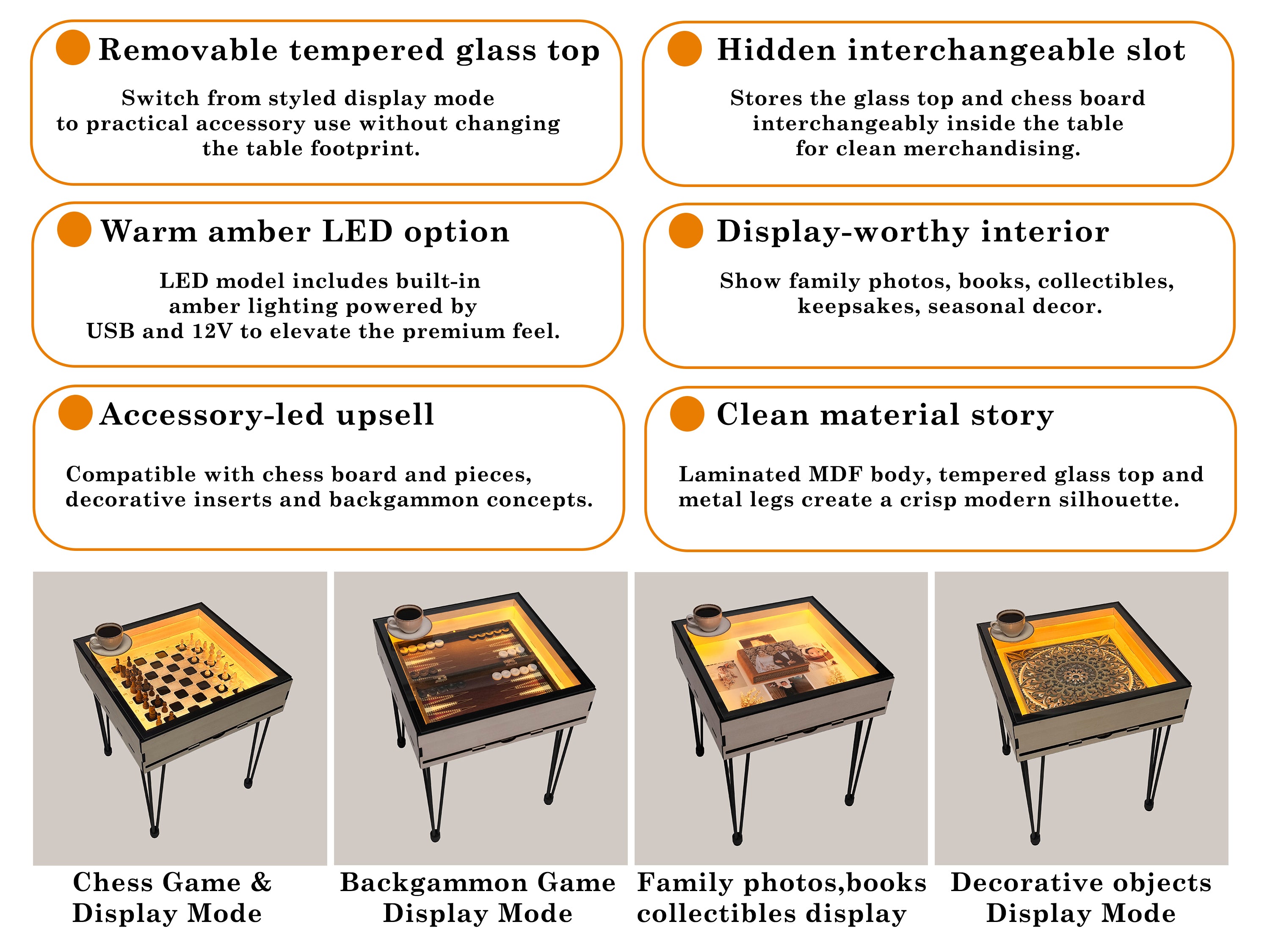 Multifunctional Accessory Display Coffee Table with Removable Glass Top and Hidden Storage Slot for Glass and Chess Board