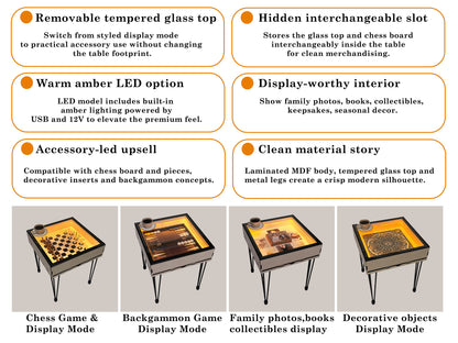 Multifunctional Accessory Display Coffee Table with Removable Glass Top and Hidden Storage Slot for Glass and Chess Board
